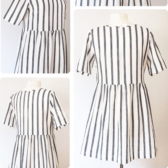 Cream Navy Blue Vertical Stripe Linen Cotton Dress - Picture 6 of 8